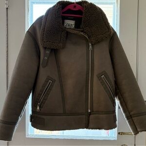 Zara Brown Shearling Aviator Jacket